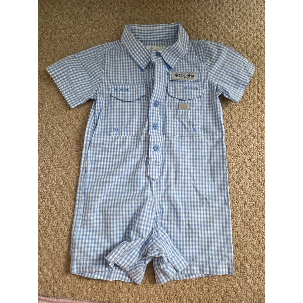 Columbia Blue Gingham Baby Boy Romper Jumpsuit Size 6-12 mos